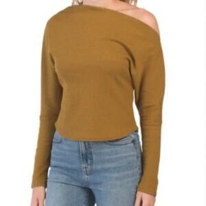 House of Harlow 1960 Waffle Knit Thumb Hole Off Shoulder Boat Neck Top XS